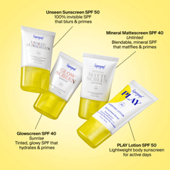 Supergoop SPF lineup featuring Unseen Sunscreen Mattescreen Glowscreen and PLAY Lotion