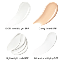 Four Supergoop sunscreen textures including gel tinted and mineral formulas