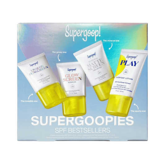 Supergoop Supergoopies SPF bestsellers kit box with four travel size sunscreens