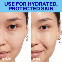 Before and after applying Supergoop Superscreen for hydrated protected skin