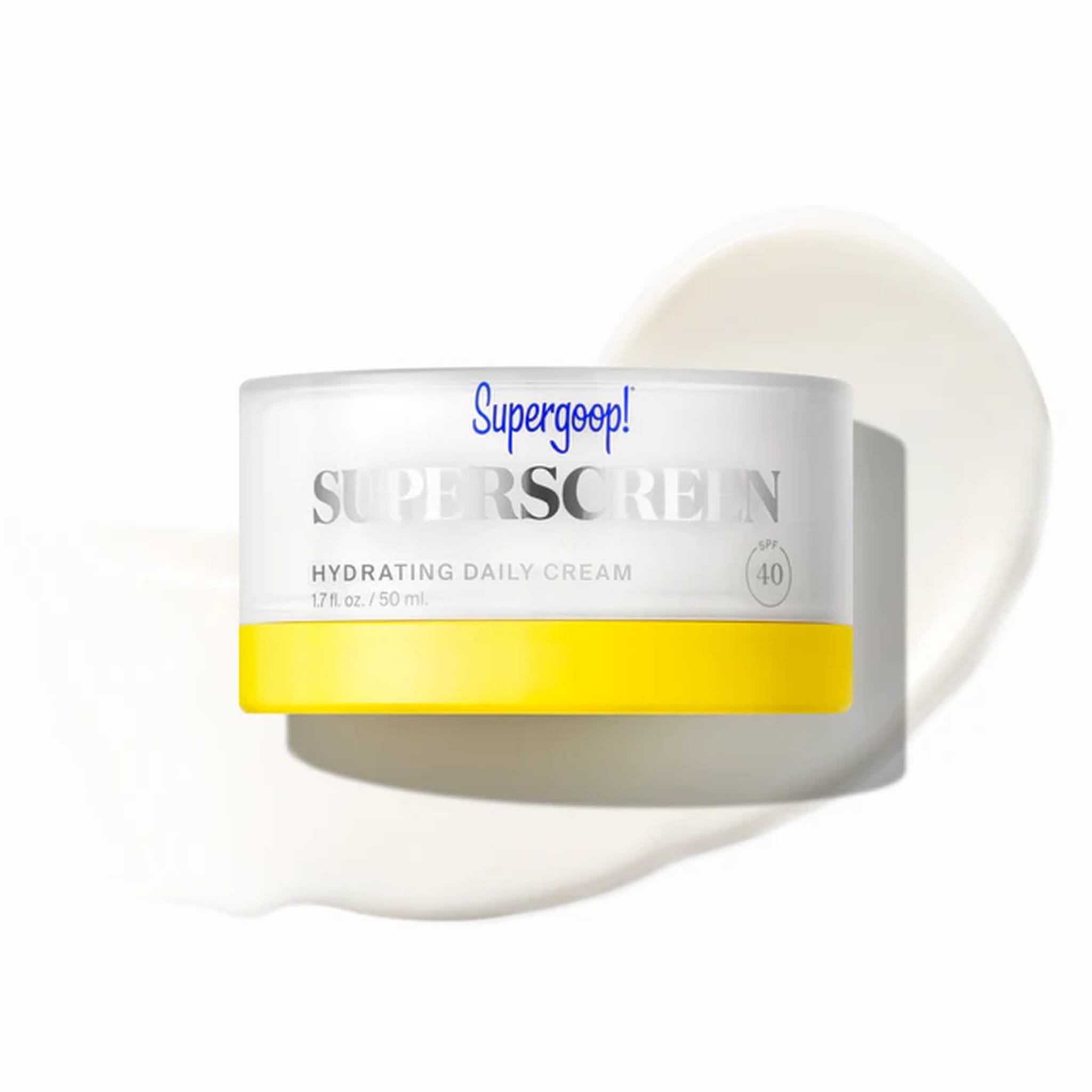 Supergoop Superscreen Hydrating Daily Cream SPF 40 jar with a swipe of cream