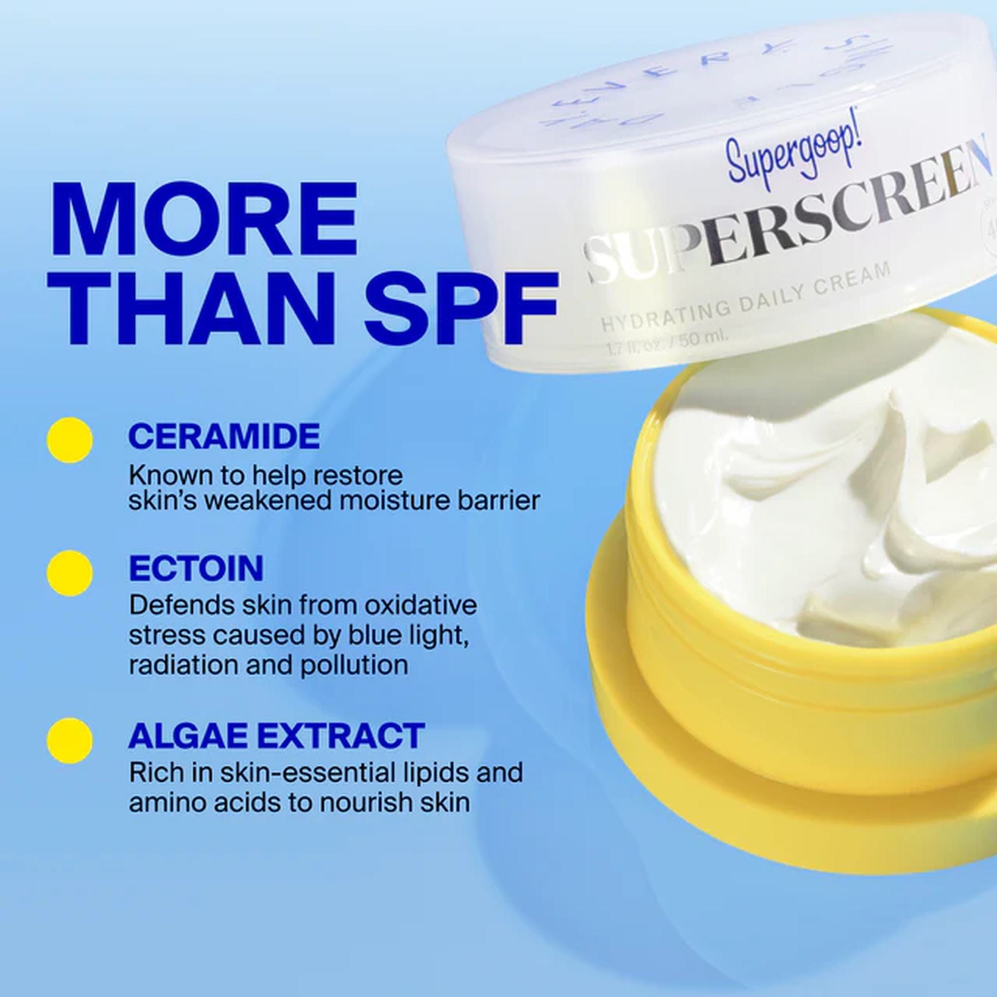 Supergoop Superscreen ingredients ceramide ectoin and algae extract for skin nourishment