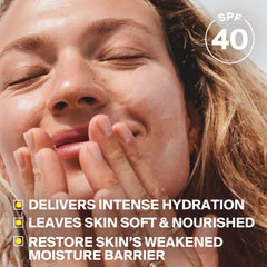 Applying Supergoop Superscreen SPF 40 for intense hydration and a restored moisture barrier