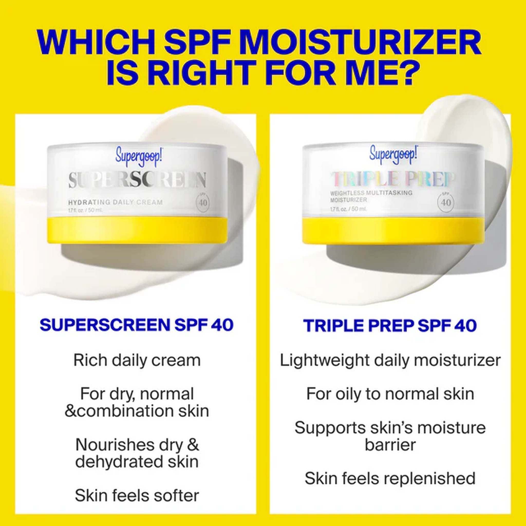 Comparing Supergoop Superscreen SPF 40 and Triple Prep SPF 40 moisturizers