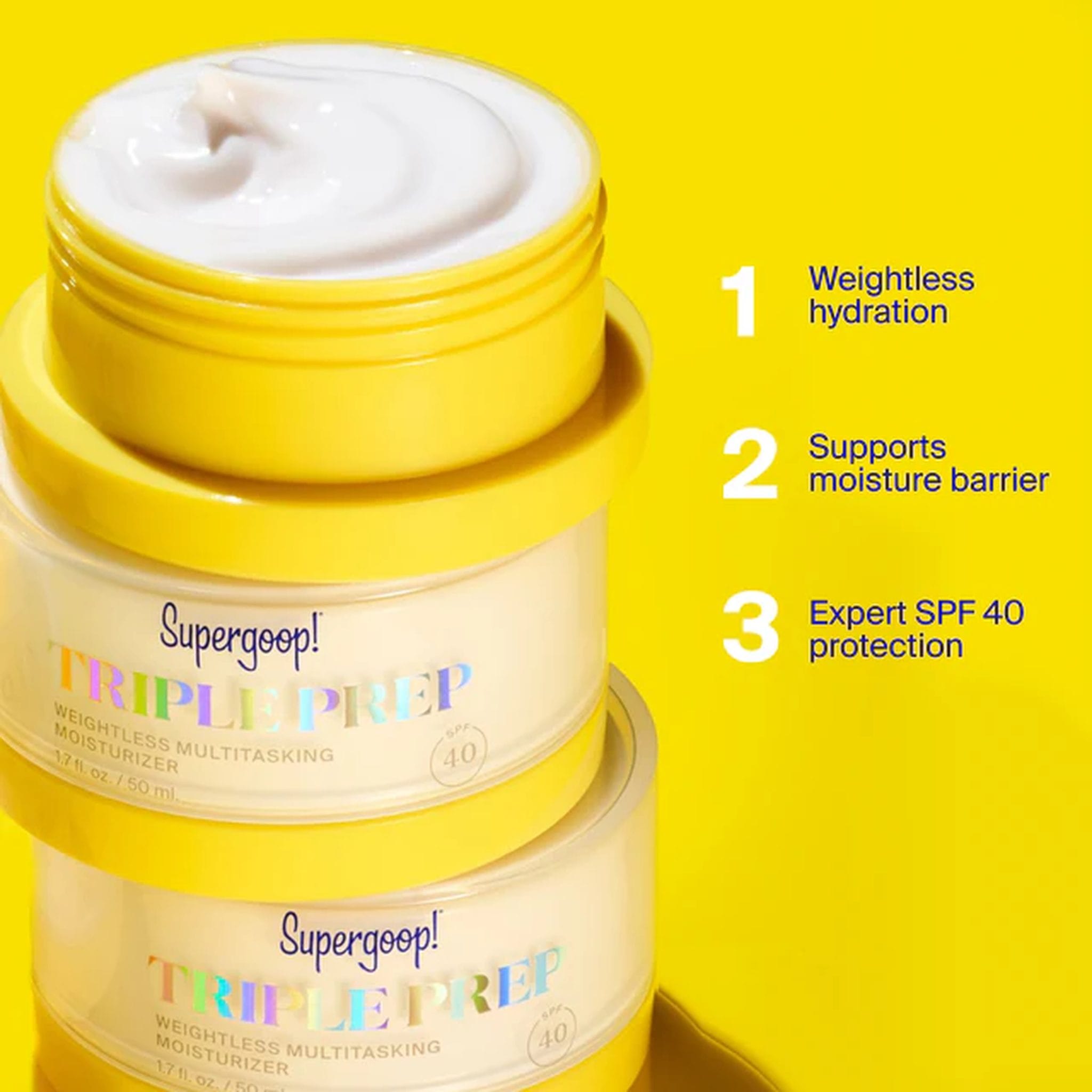 Stacked jars of Supergoop Triple Prep showing weightless hydration and SPF 40 protection