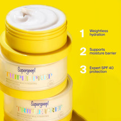 Stacked jars of Supergoop Triple Prep showing weightless hydration and SPF 40 protection