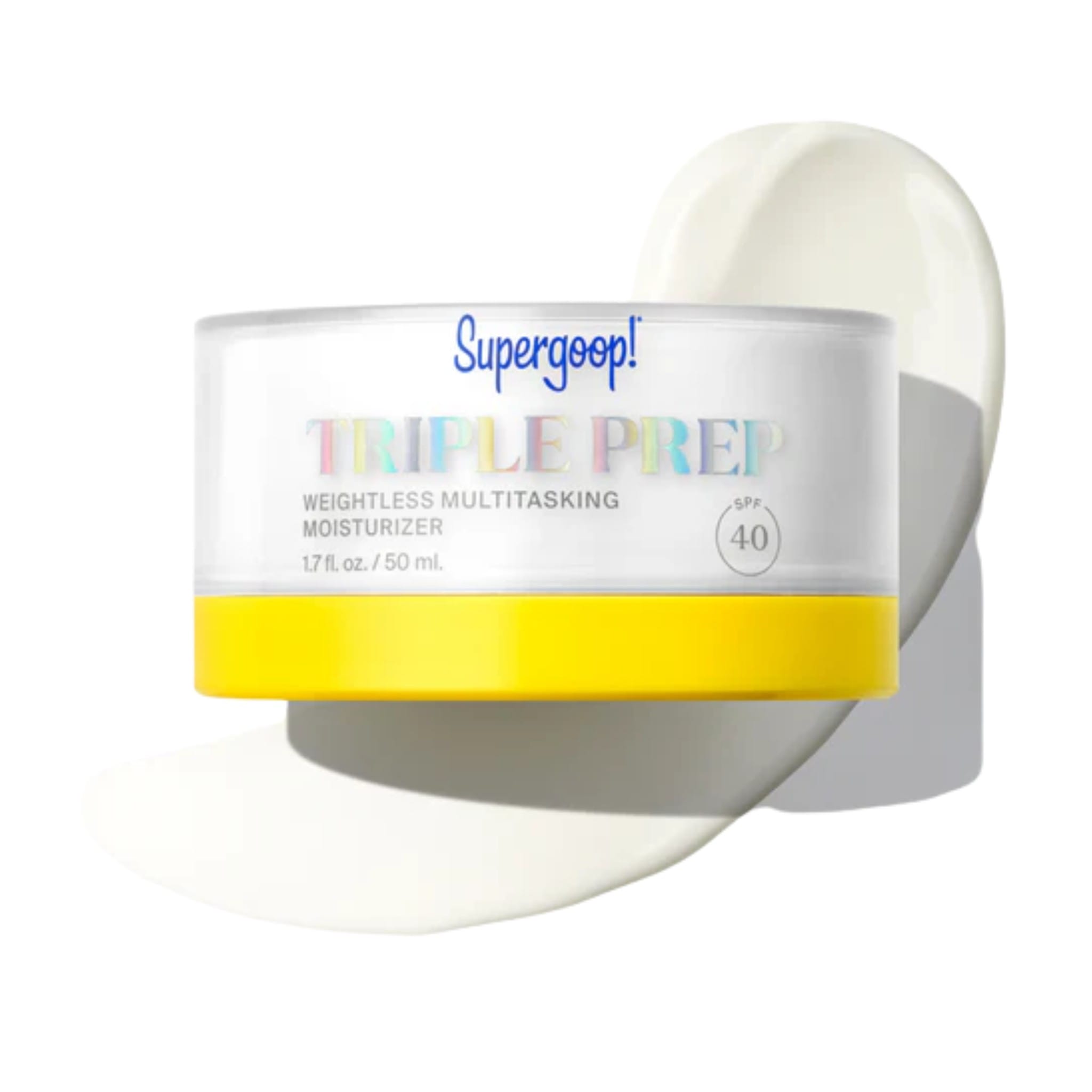 Supergoop Triple Prep Weightless Multitasking Moisturizer SPF 40 jar with a cream swipe