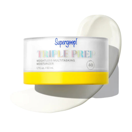 Supergoop Triple Prep Weightless Multitasking Moisturizer SPF 40 jar with a cream swipe