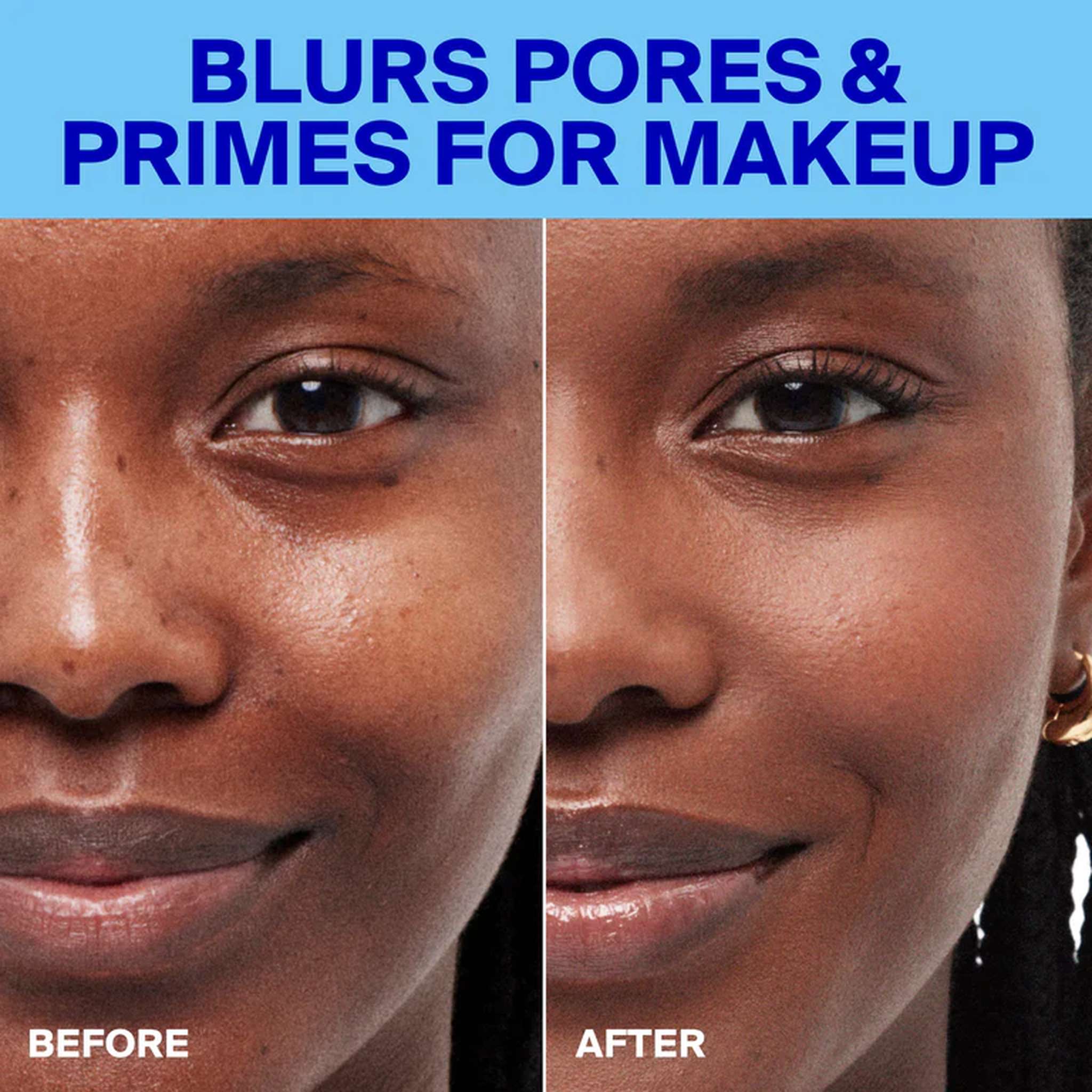 Before and after comparison showing Unseen Sunscreen blurring pores and priming skin for makeup