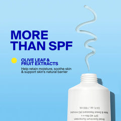 Unseen Sunscreen Body tube highlighting olive leaf and fruit extract moisture benefits
