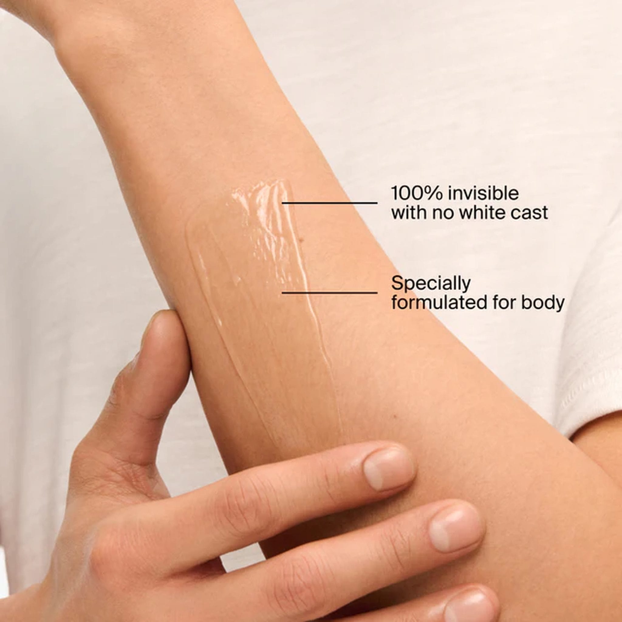 Sunscreen swatch on arm demonstrating no white cast formula specially made for body