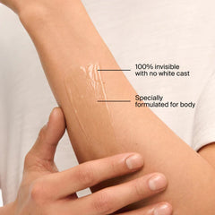 Sunscreen swatch on arm demonstrating no white cast formula specially made for body