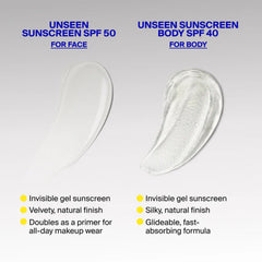 Texture comparison of Unseen Sunscreen SPF 50 for face and Unseen Sunscreen Body SPF 40