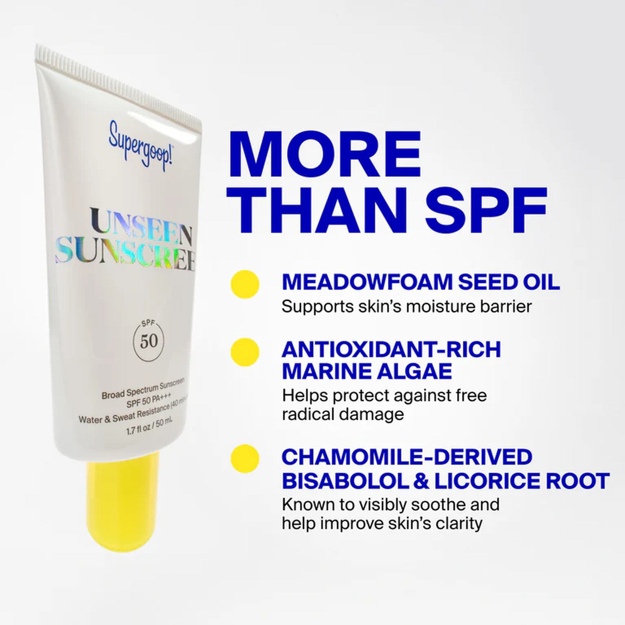 Unseen Sunscreen tube highlighting meadowfoam seed oil marine algae and chamomile-derived bisabolol