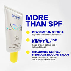 Unseen Sunscreen tube highlighting meadowfoam seed oil marine algae and chamomile-derived bisabolol