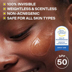 Sunscreen gel swatch on cheek demonstrating an invisible weightless and scentless formula