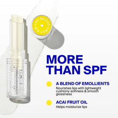 Unseen Sunscreen Lip Balm listing emollients and acai fruit oil for cushiony moisturized lips