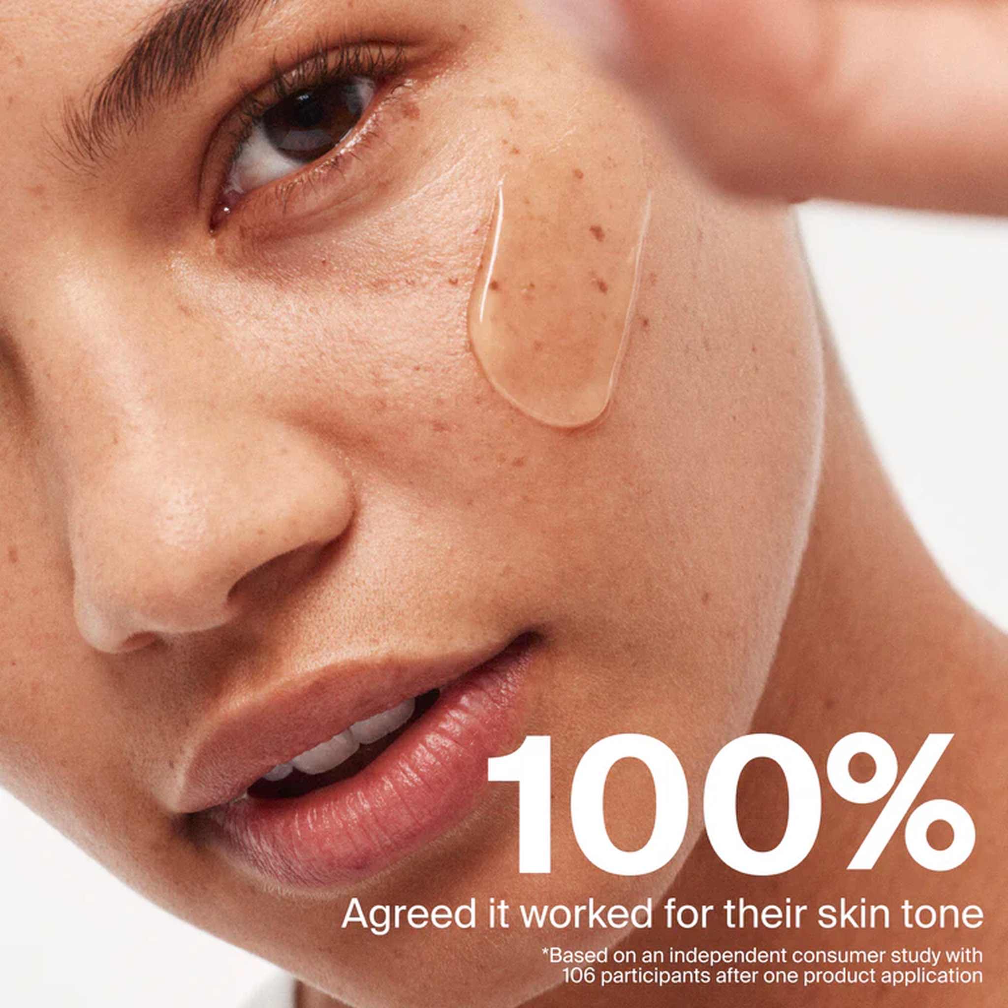 Sunscreen swatch on skin with 100% of testers agreeing it worked for their skin tone