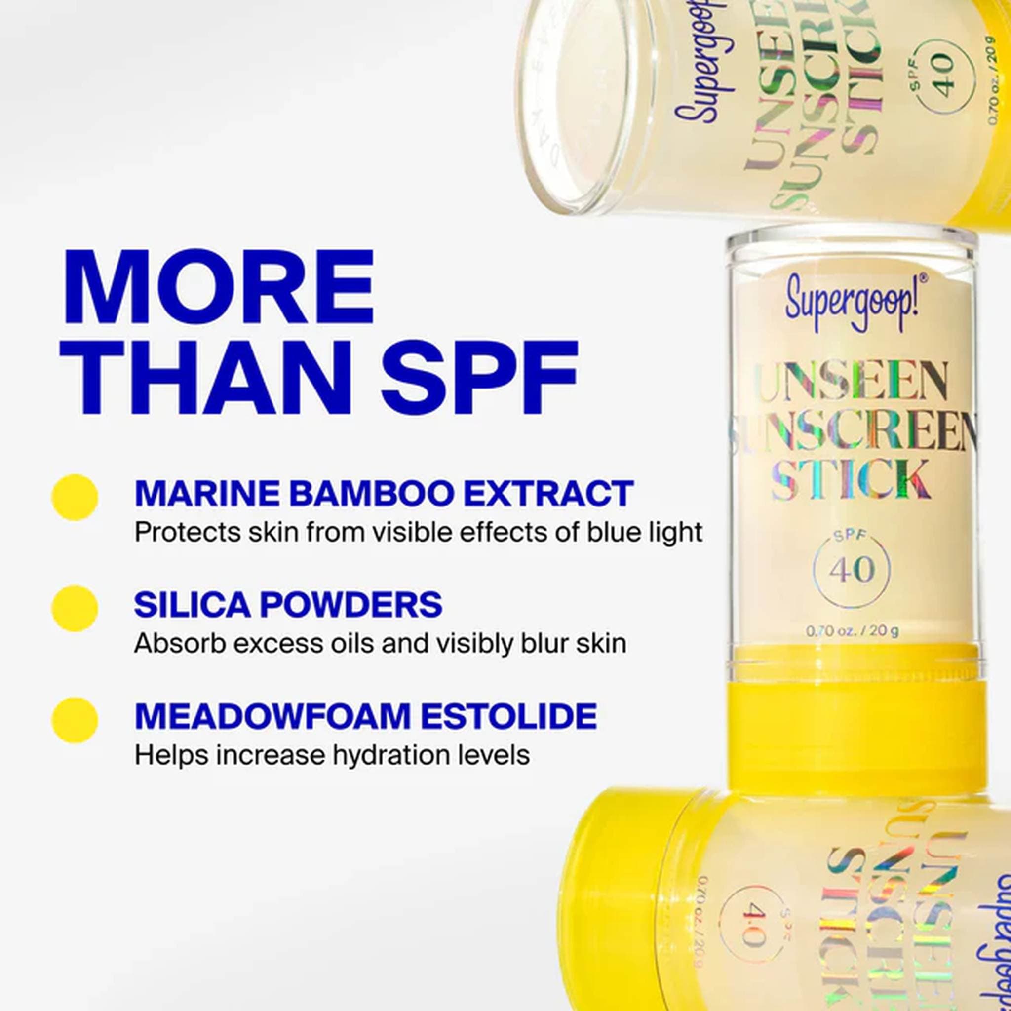Unseen Sunscreen Stick tube listing marine bamboo extract silica powders and meadowfoam estolide