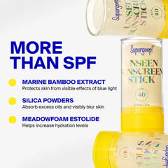 Unseen Sunscreen Stick tube listing marine bamboo extract silica powders and meadowfoam estolide