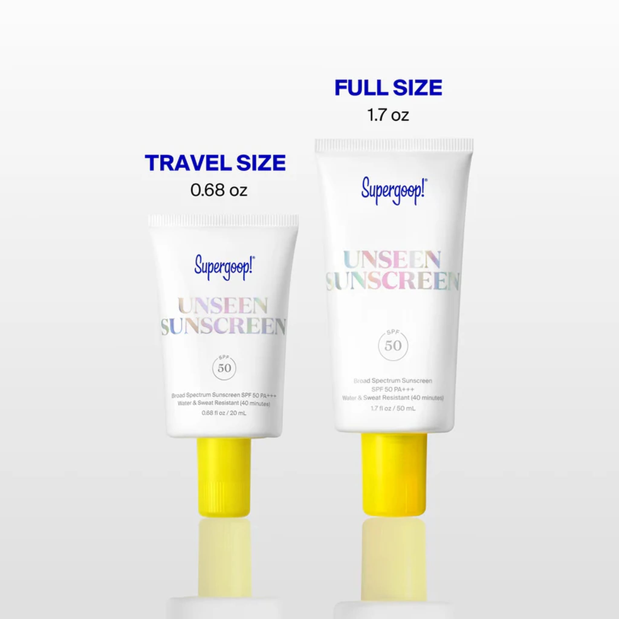 Supergoop Unseen Sunscreen travel size 0.68 oz next to full size 1.7 oz tube