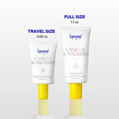 Supergoop Unseen Sunscreen travel size 0.68 oz next to full size 1.7 oz tube