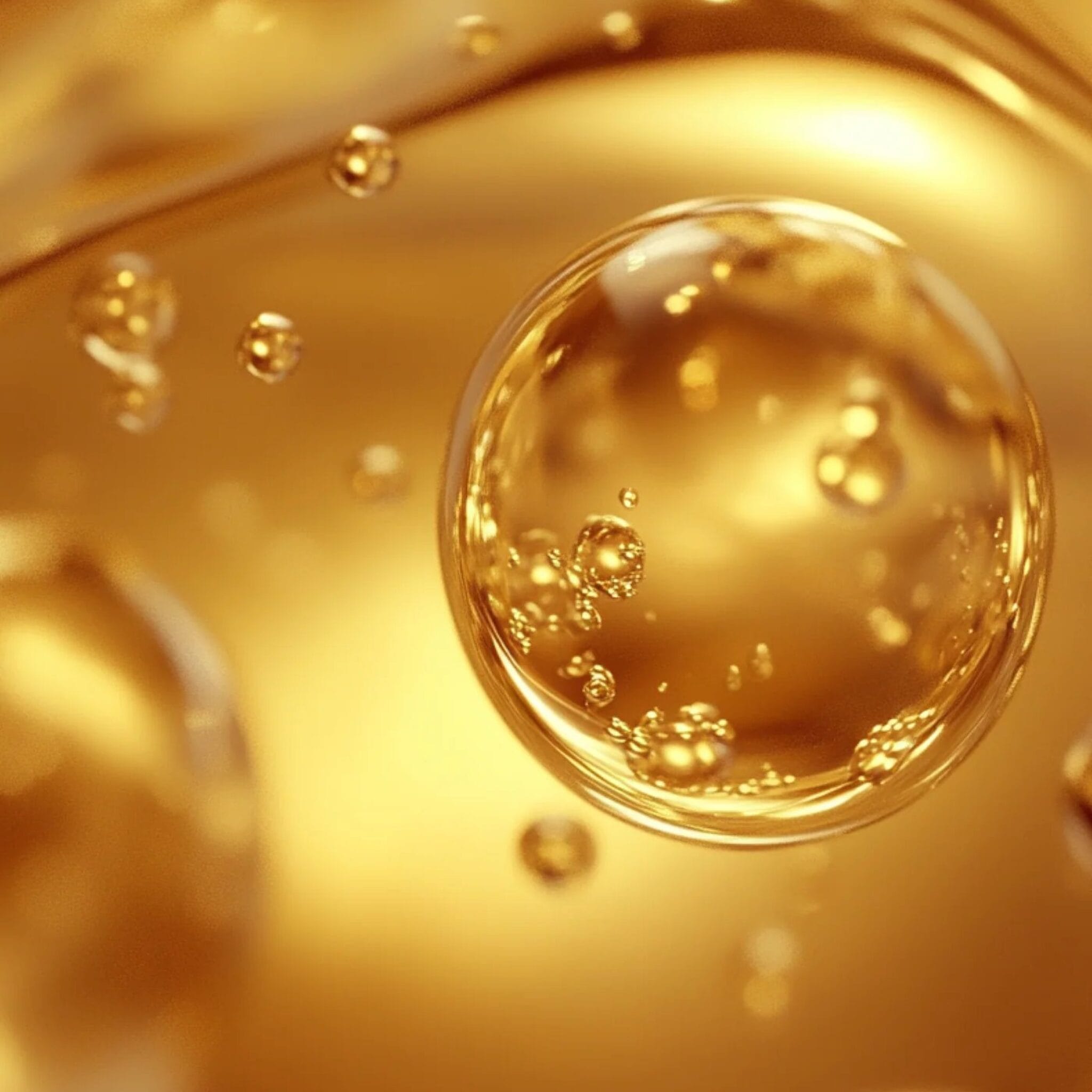 Close-up of golden postbiomic face oil bubbles and texture from Symbiome Rewind003