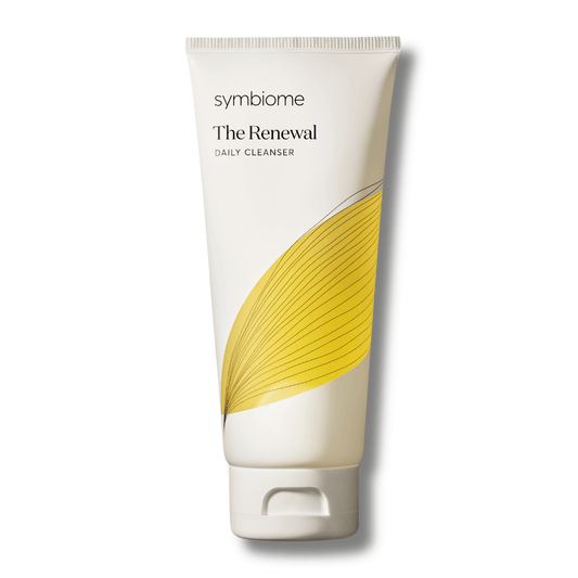 Symbiome The Renewal Daily Cleanser white tube with yellow botanical leaf graphic 