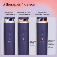 Therabody TheraFace Depuffing Wand showing 3 therapies in one device: depuffing cold therapy radiance boosting heat therapy and revitalizing contrast therapy