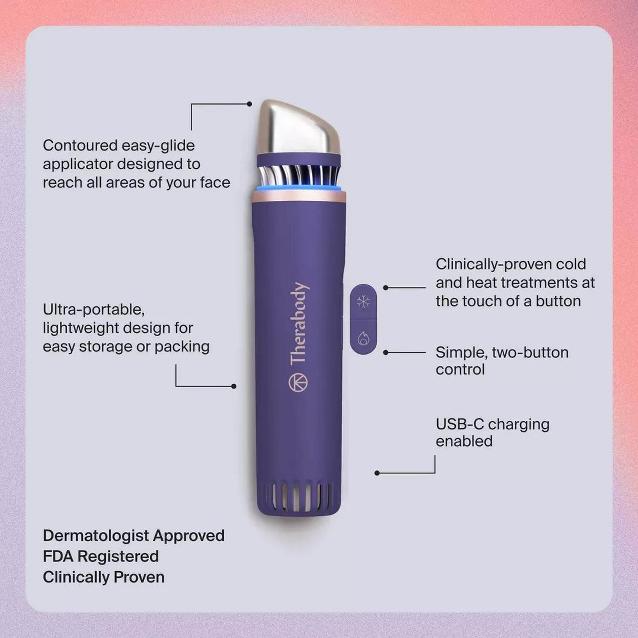 Therabody TheraFace Depuffing Wand Indigo with labeled features including contoured applicator two-button control USB-C charging FDA registered dermatologist approved