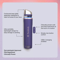 Therabody TheraFace Depuffing Wand Indigo with labeled features including contoured applicator two-button control USB-C charging FDA registered dermatologist approved