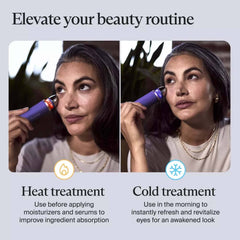 Two-step beauty routine with Therabody TheraFace Depuffing Wand showing heat treatment for product absorption and cold treatment to refresh and revitalize eyes