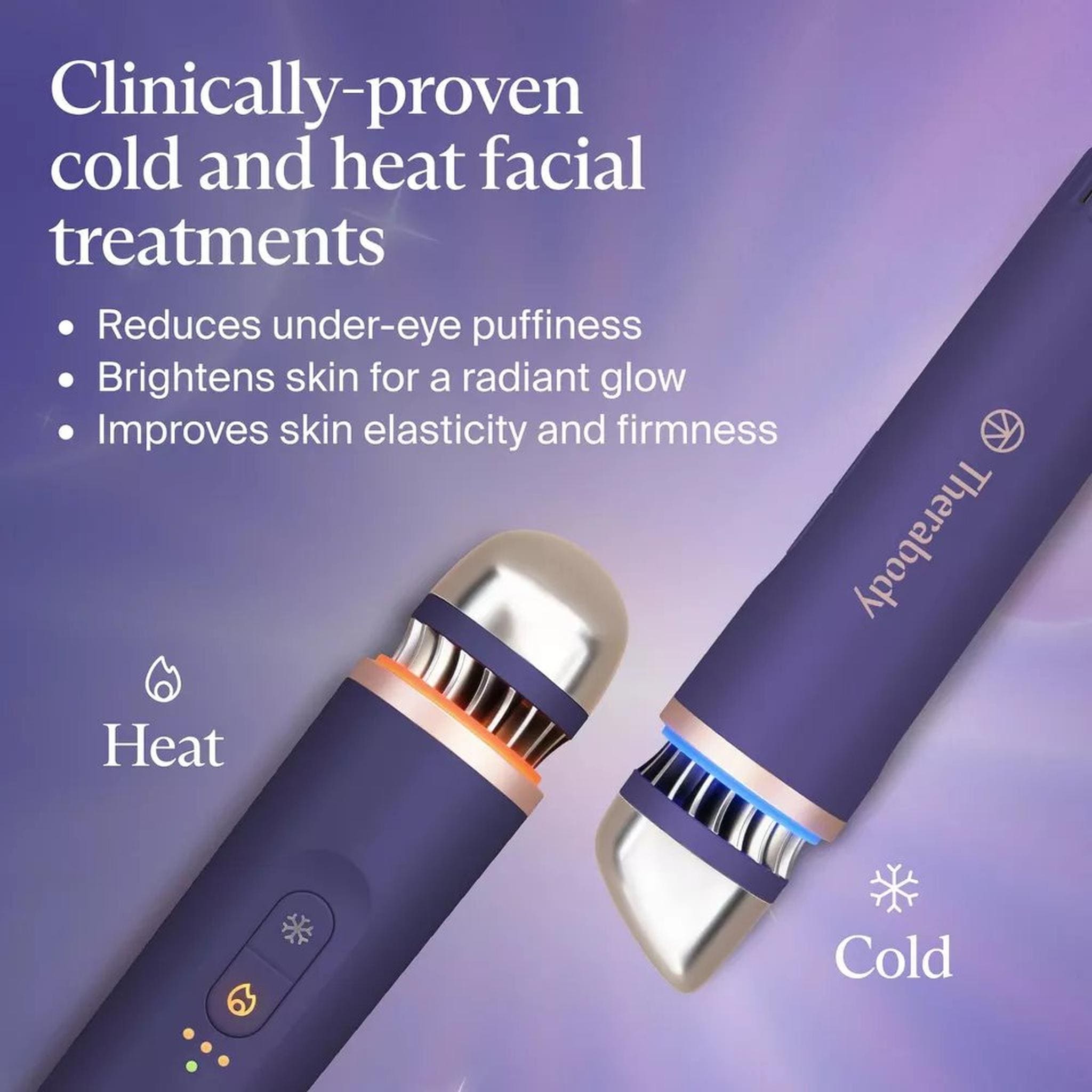 Therabody TheraFace Pro device showing heat and cold facial treatment modes clinically proven to reduce puffiness and improve skin elasticity