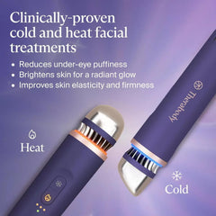 Therabody TheraFace Pro device showing heat and cold facial treatment modes clinically proven to reduce puffiness and improve skin elasticity