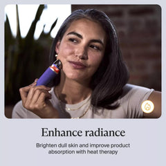 Woman using Therabody TheraFace Pro heat therapy device on cheek to enhance skin radiance and improve product absorption