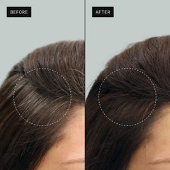 Before and after Toppik hair thickener covering gray roots and thinning at the part 3