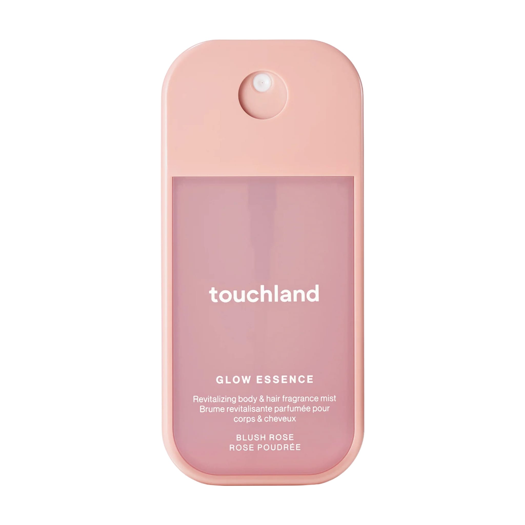 Touchland Glow Essence Blush Rose body and hair fragrance mist in a pink pocket spray bottle