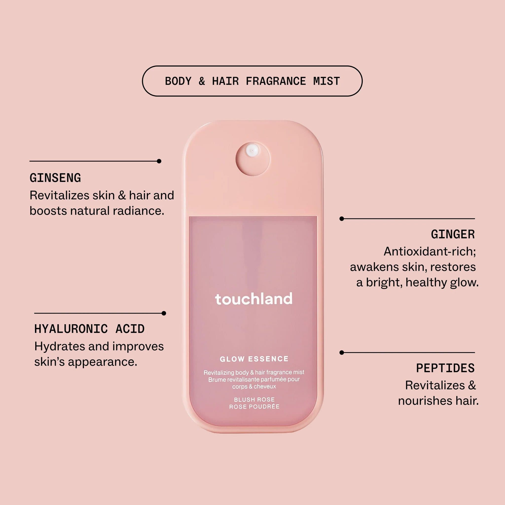 Glow Essence body and hair mist with ginseng ginger hyaluronic acid and peptides to revitalize skin and nourish hair