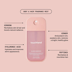 Glow Essence body and hair mist with ginseng ginger hyaluronic acid and peptides to revitalize skin and nourish hair