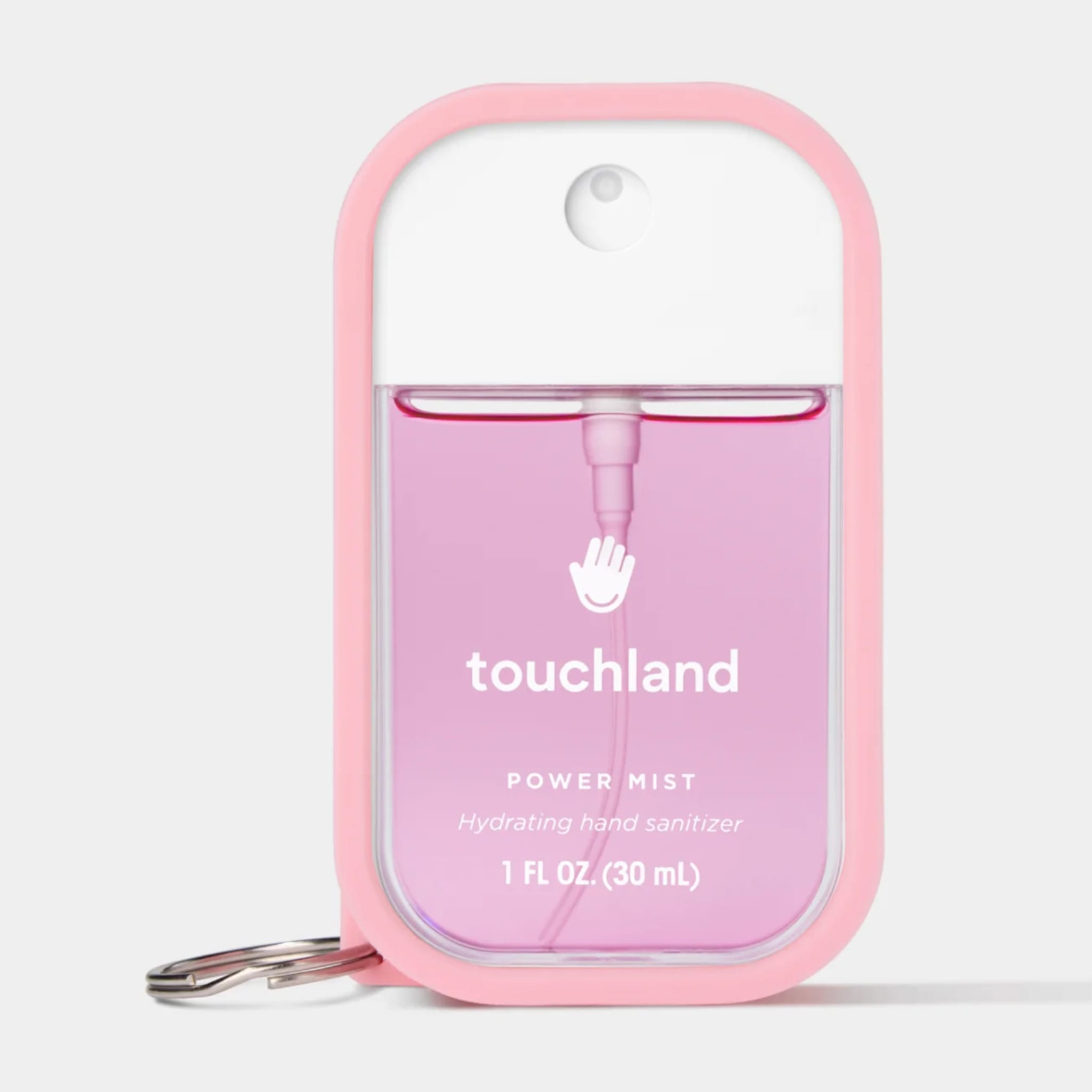 Bubblegum Pink Touchland Hand Mist Case fitted on a pink 1 fl oz Power Mist hydrating hand sanitizer 2