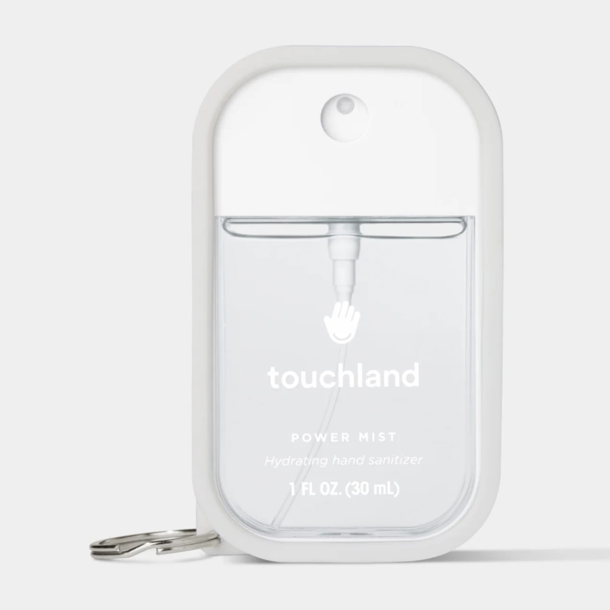 Icy White Touchland Hand Mist Case fitted on a clear 1 fl oz Power Mist hydrating hand sanitizer 2