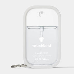 Icy White Touchland Hand Mist Case fitted on a clear 1 fl oz Power Mist hydrating hand sanitizer 2