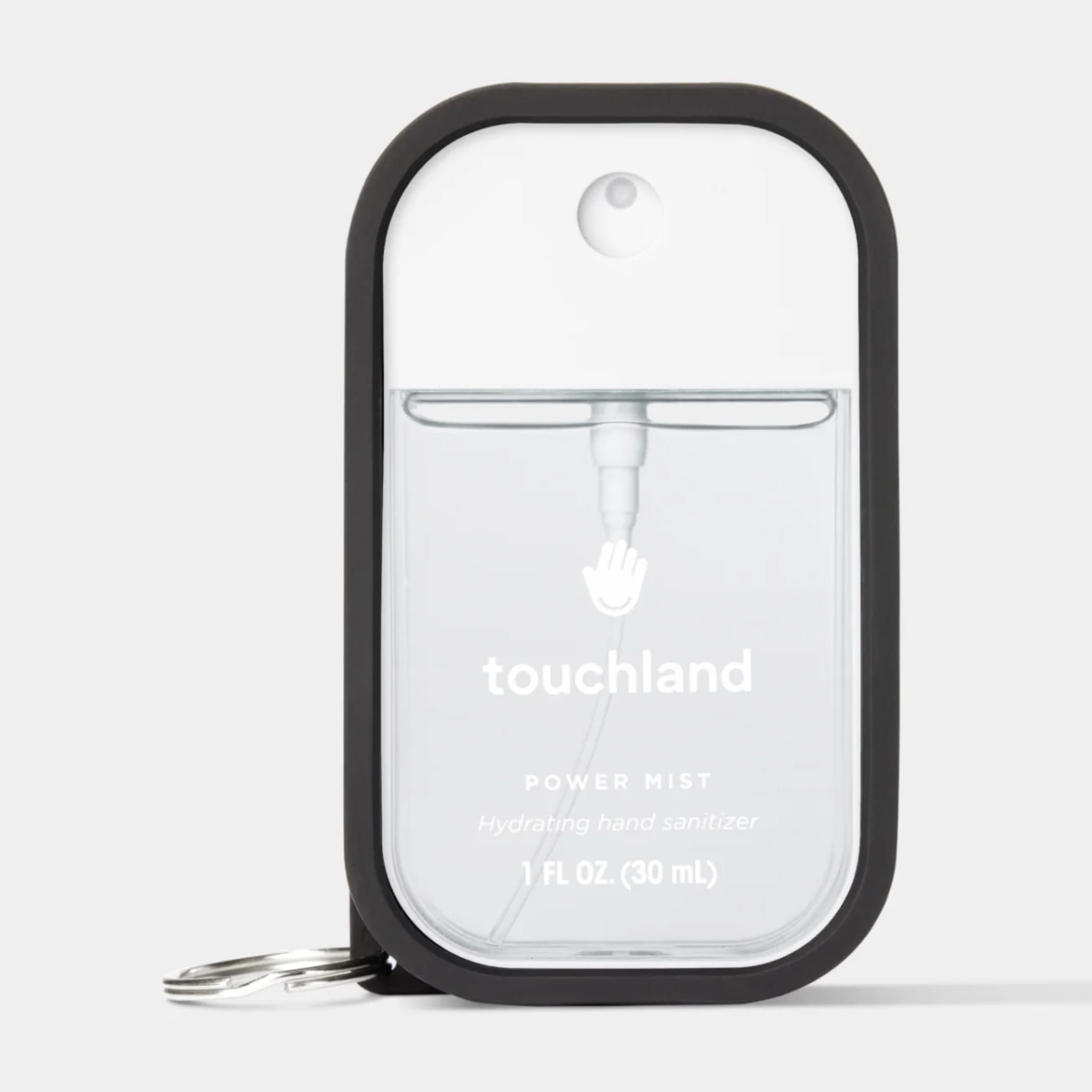 Jet Black Touchland Hand Mist Case holding a clear 1 fl oz Power Mist hydrating hand sanitizer with keyring 2