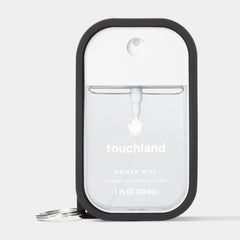 Jet Black Touchland Hand Mist Case holding a clear 1 fl oz Power Mist hydrating hand sanitizer with keyring 2