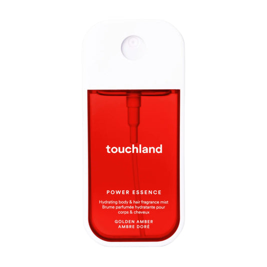 Touchland Power Essence Golden Amber hydrating body and hair fragrance mist in a red and white pocket spray