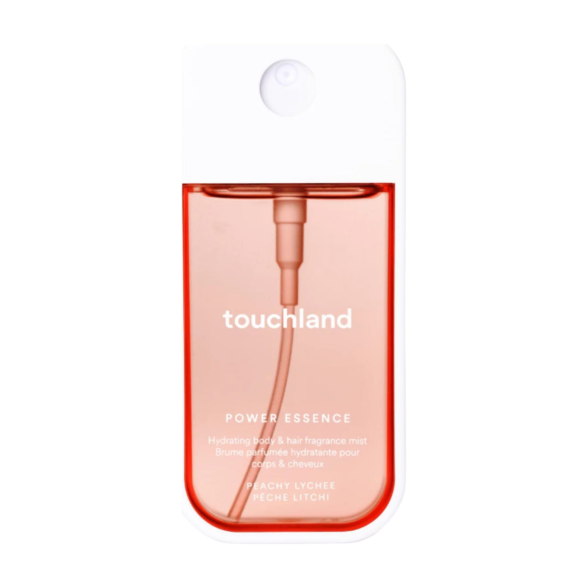 Touchland Power Essence Peachy Lychee hydrating body and hair fragrance mist in a peach and white pocket spray