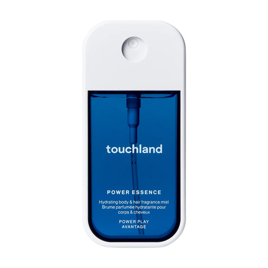 Touchland Power Essence Power Play hydrating body and hair fragrance mist in a white and blue pocket spray