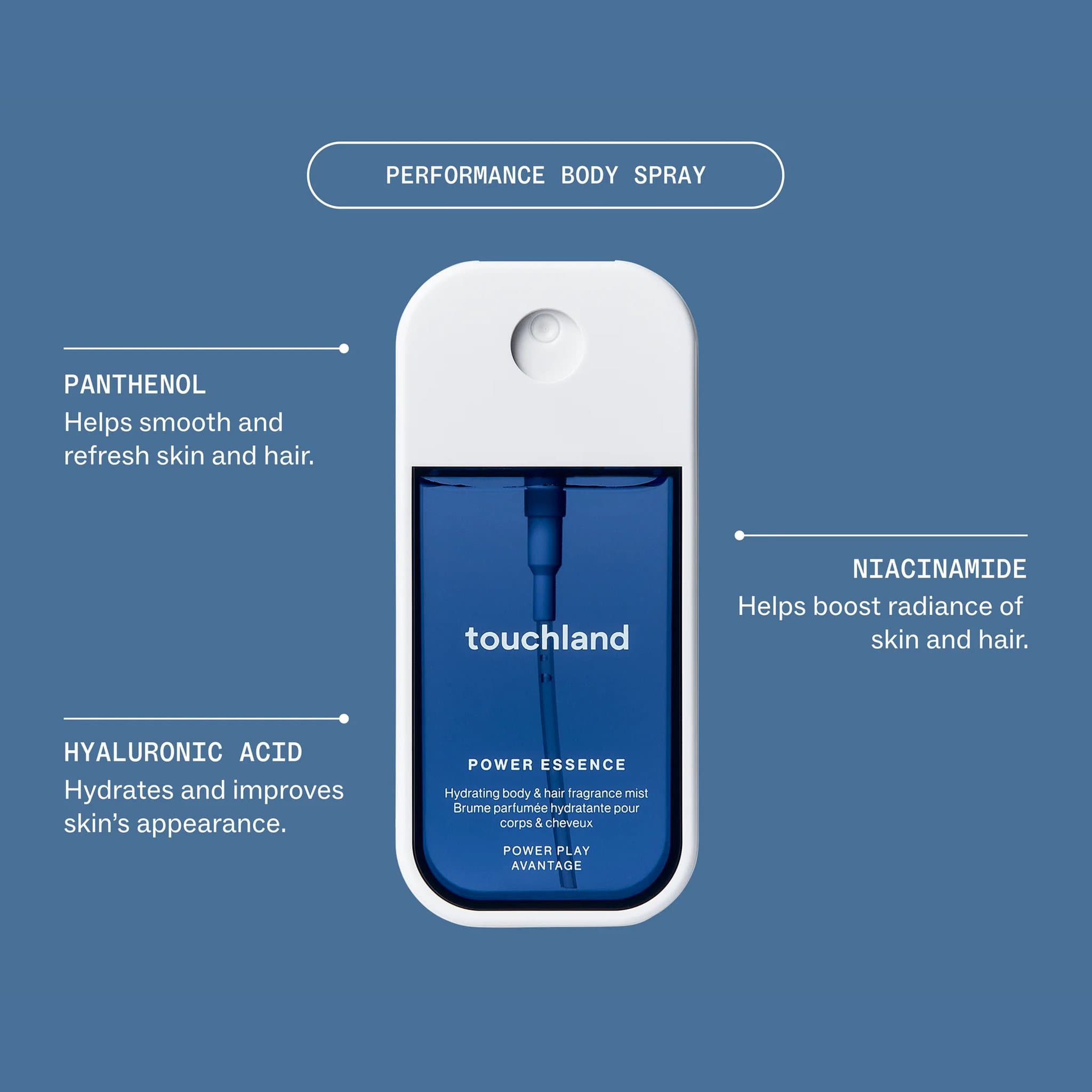 Power Essence body spray with panthenol niacinamide and hyaluronic acid to hydrate and refresh skin and hair