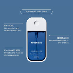Power Essence body spray with panthenol niacinamide and hyaluronic acid to hydrate and refresh skin and hair