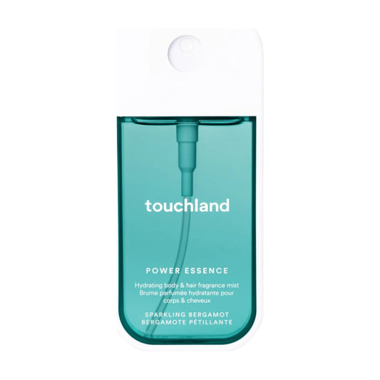 Touchland Power Essence Sparkling Bergamot hydrating body and hair fragrance mist in a teal and white pocket spray